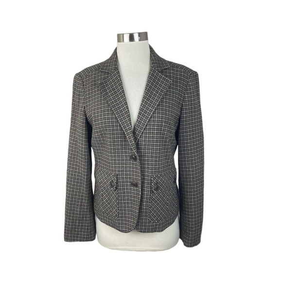 Garnet Hill Black Tan Plaid Wool Lined Button Jacket Peplum Back Pockets Size 10 - Picture 1 of 4